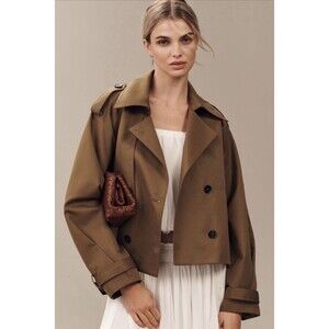 Anthropologie Crop Trench Coat Women Neutral Preppy Boho Retro Comfort Small NWT
